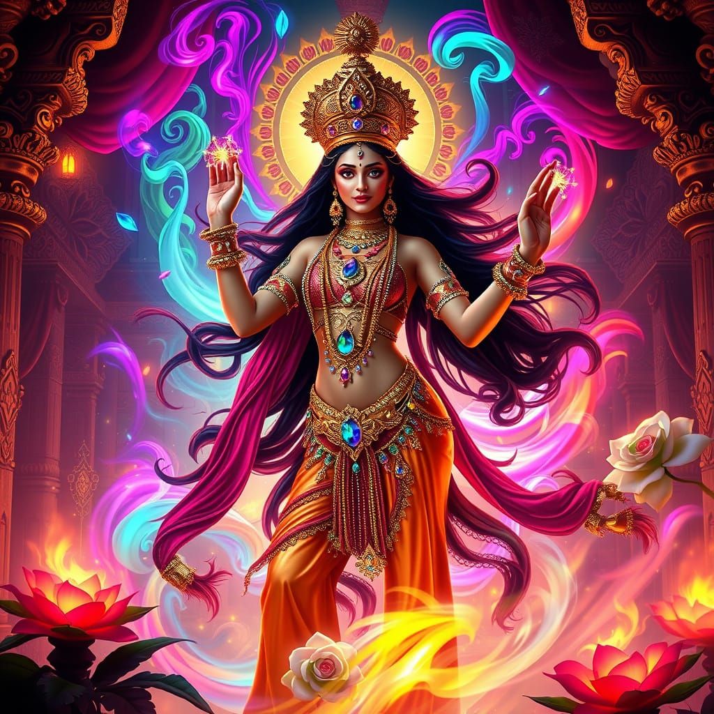 Sensual Goddess of Love in Vibrant, Dreamlike Temple Setting