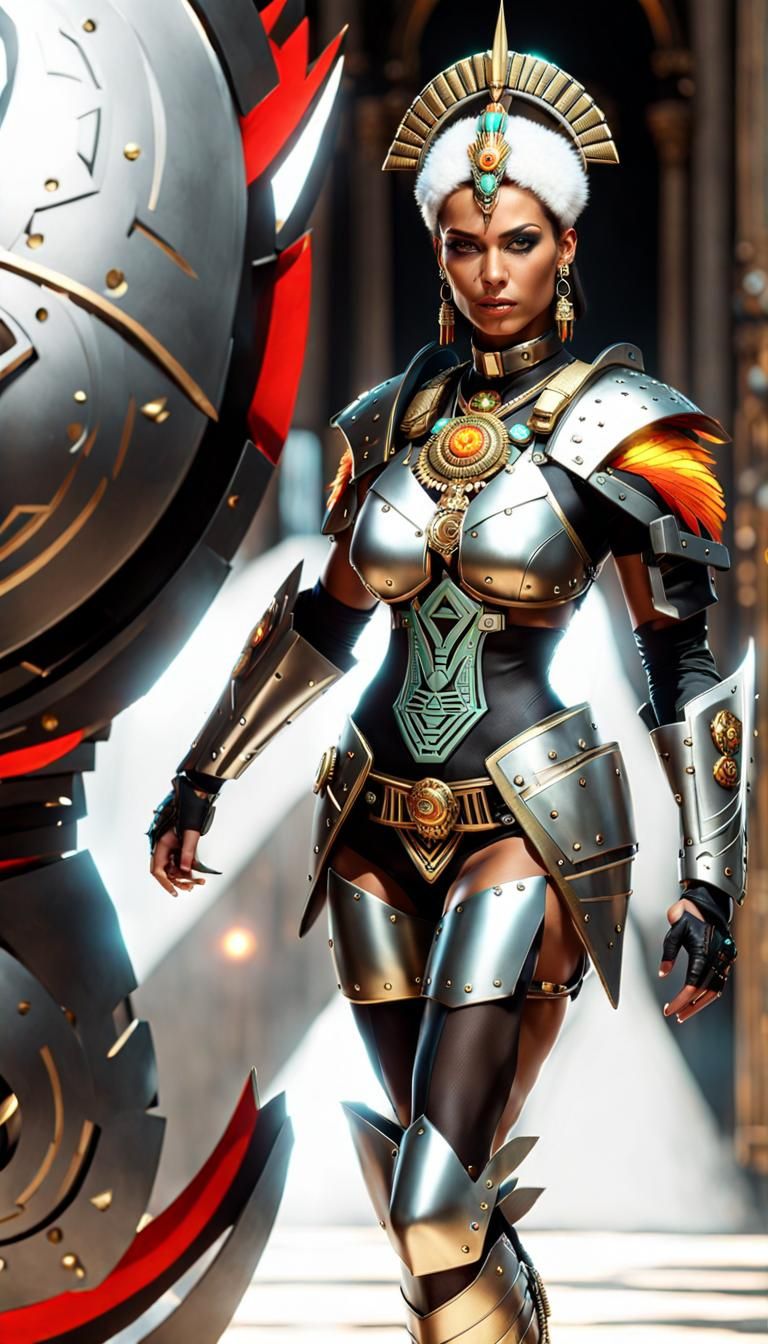 Aztec Warrior Woman with Flaming Sword in Cyberpunk Style