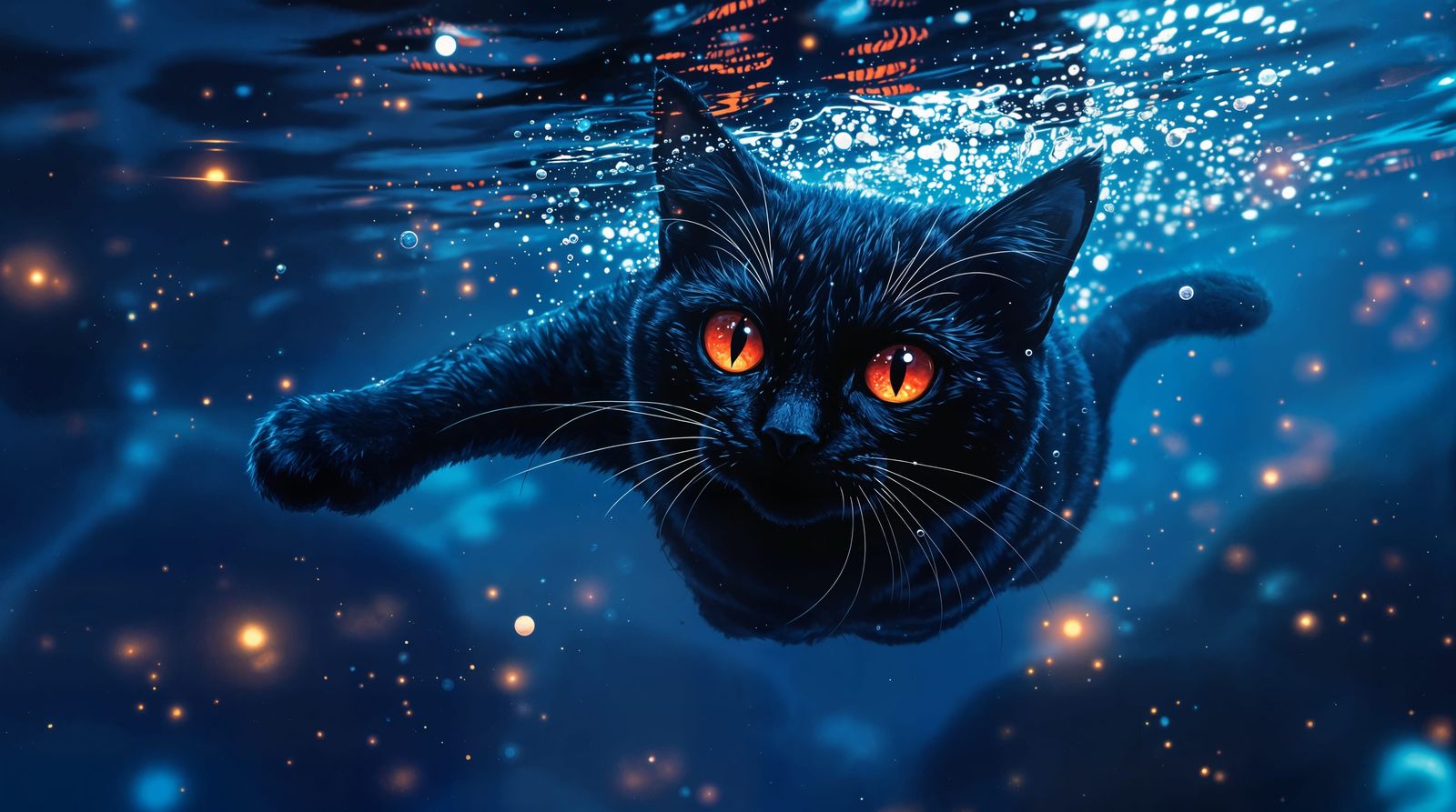 Dark Fantasy Cat Amidst Cosmic Reflections