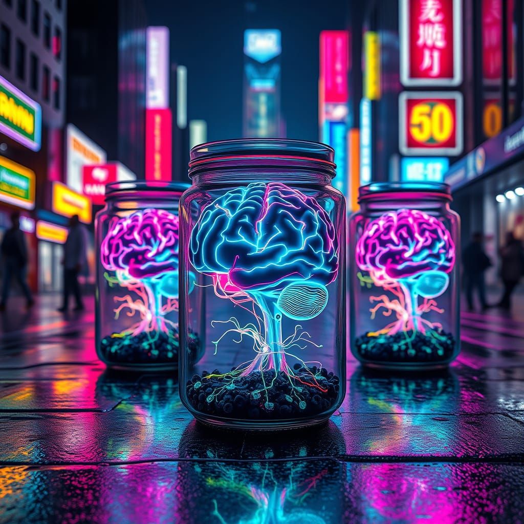 Cyberpunk Jars of Glowing Brains in Neon Cityscape