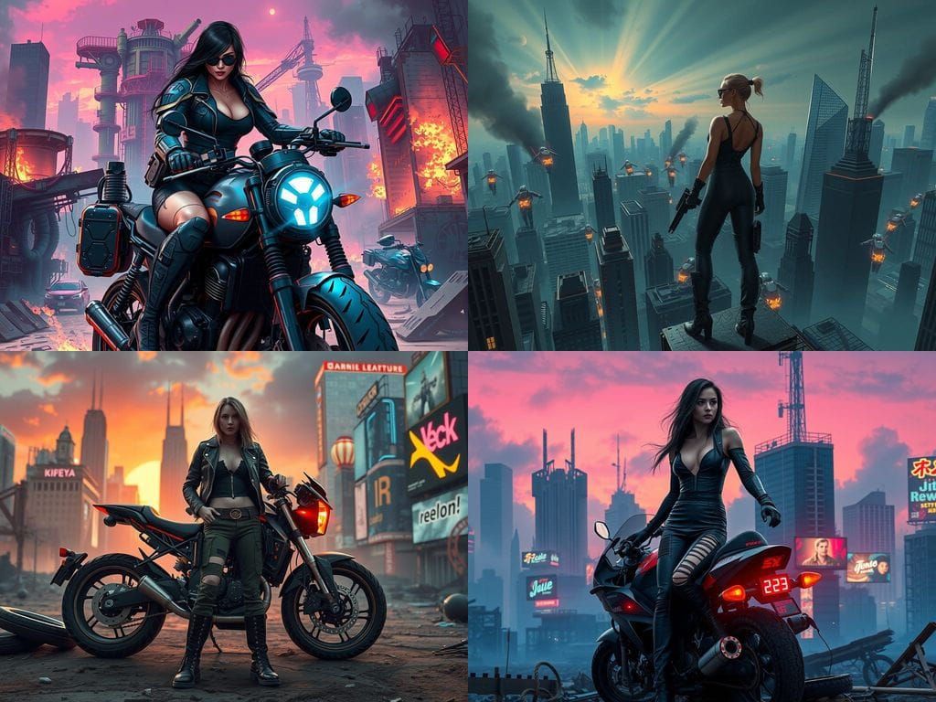 Cyberpunk Apocalypse Scene with Femme Militaire and Moto Rat...