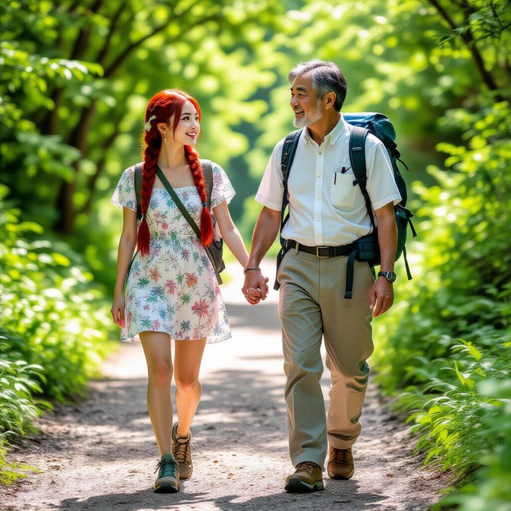 Father and Daughter Hike in Japan, Hyper-Realistic Style