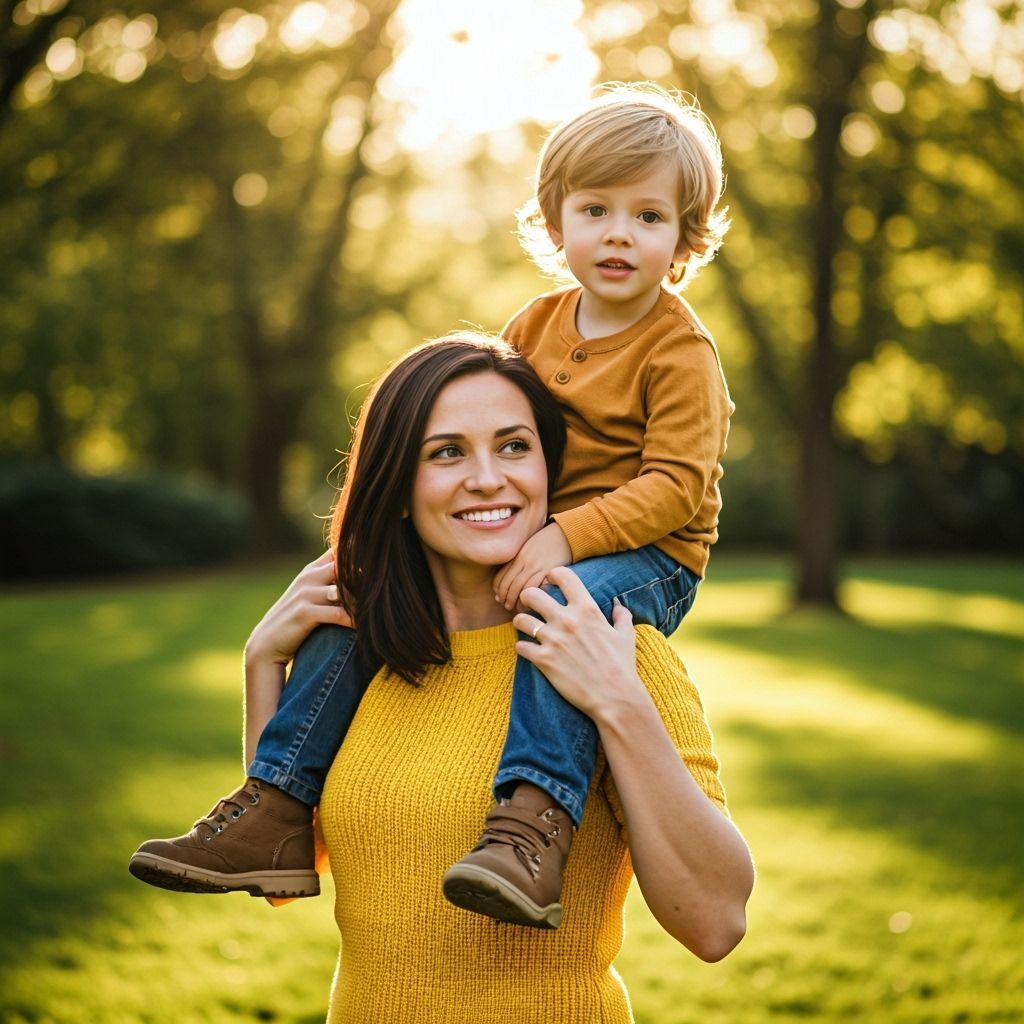 Mother Carrying Son in Sun-Dappled Park at Golden Hour