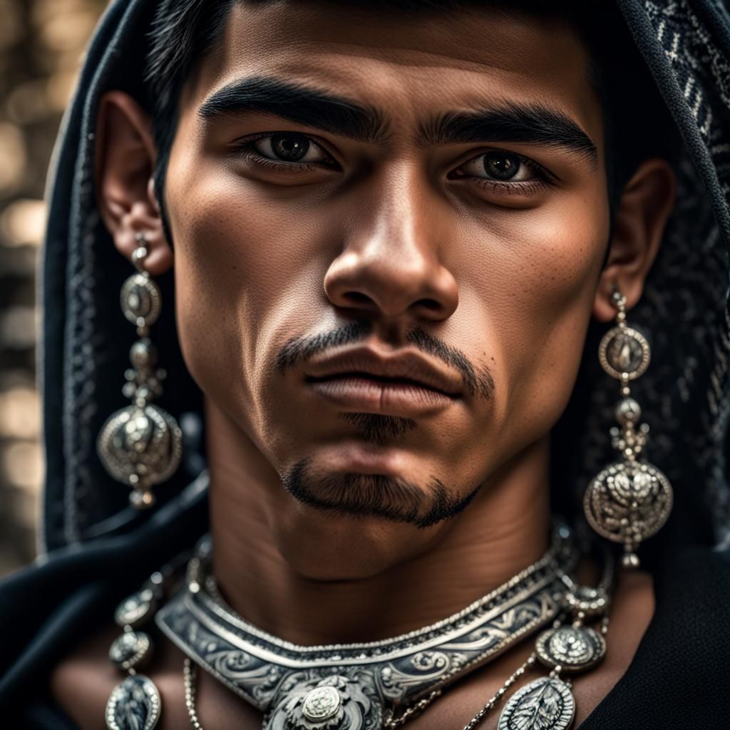 Hyperrealistic Portrait of Young Mexican Man with Jewelry
