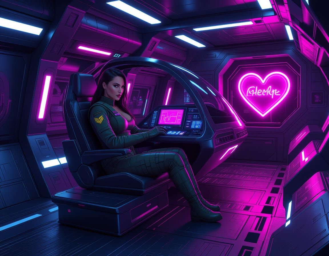 Glamorous Soldier in Neon Cyberpunk Dropship
