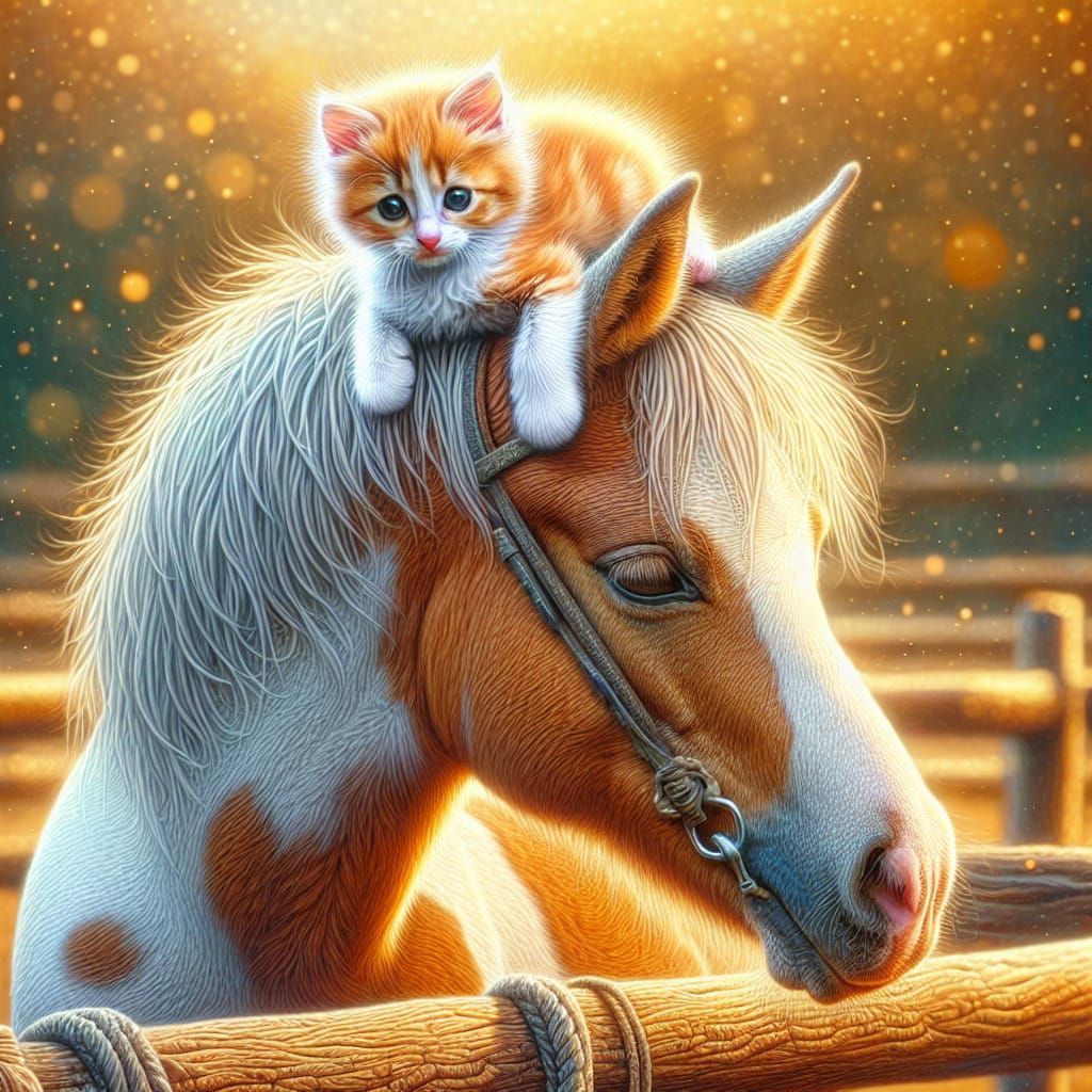 Cute Kitten Rests on Horse's Head in Detailed Oil Painting S...