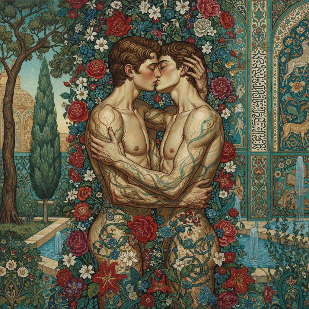 Secret Kiss in Persian Garden: A Tchelitchew-Inspired Embrac...