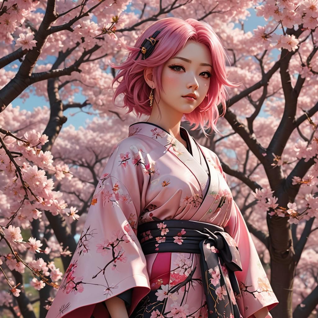 Anime Girl in Kimono Under Sakura Trees