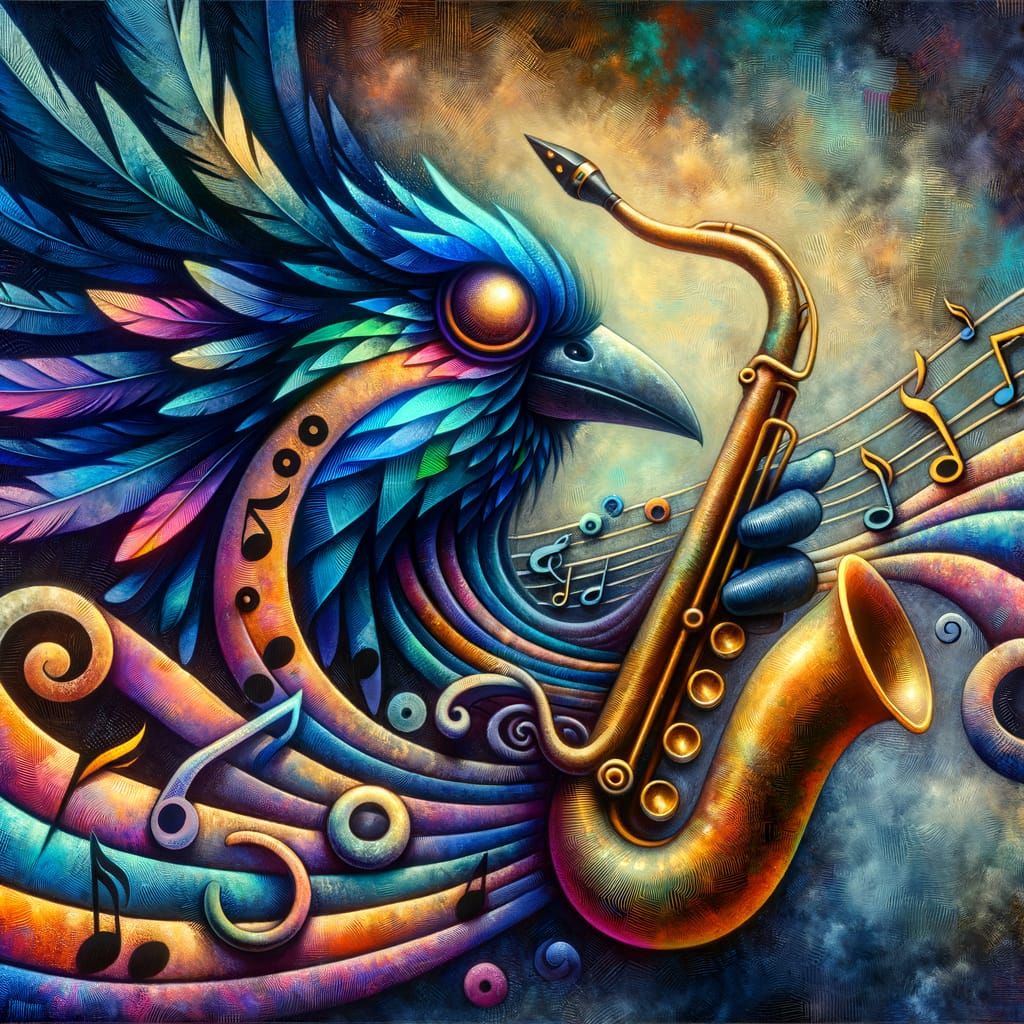 Raven God Plays Saxophone in Fauvist Watercolor