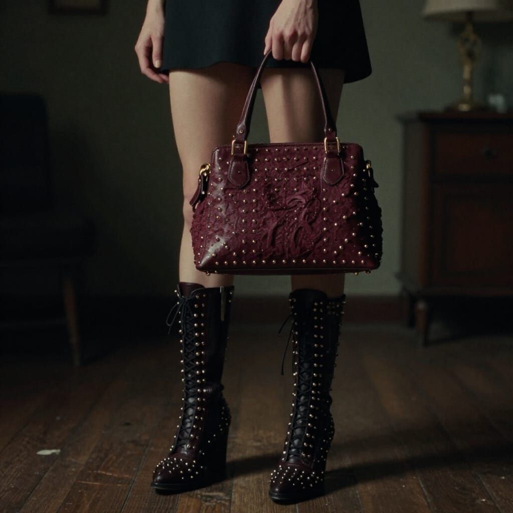 Woman with Studded Lace Boots and Burgundy Purse