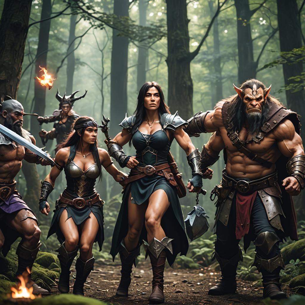 Fantasy Adventurers Fighting Goblins in Dark Forest