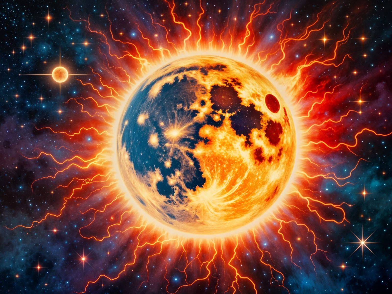 Cosmic Sun and Moon Double Exposure in Surreal Style