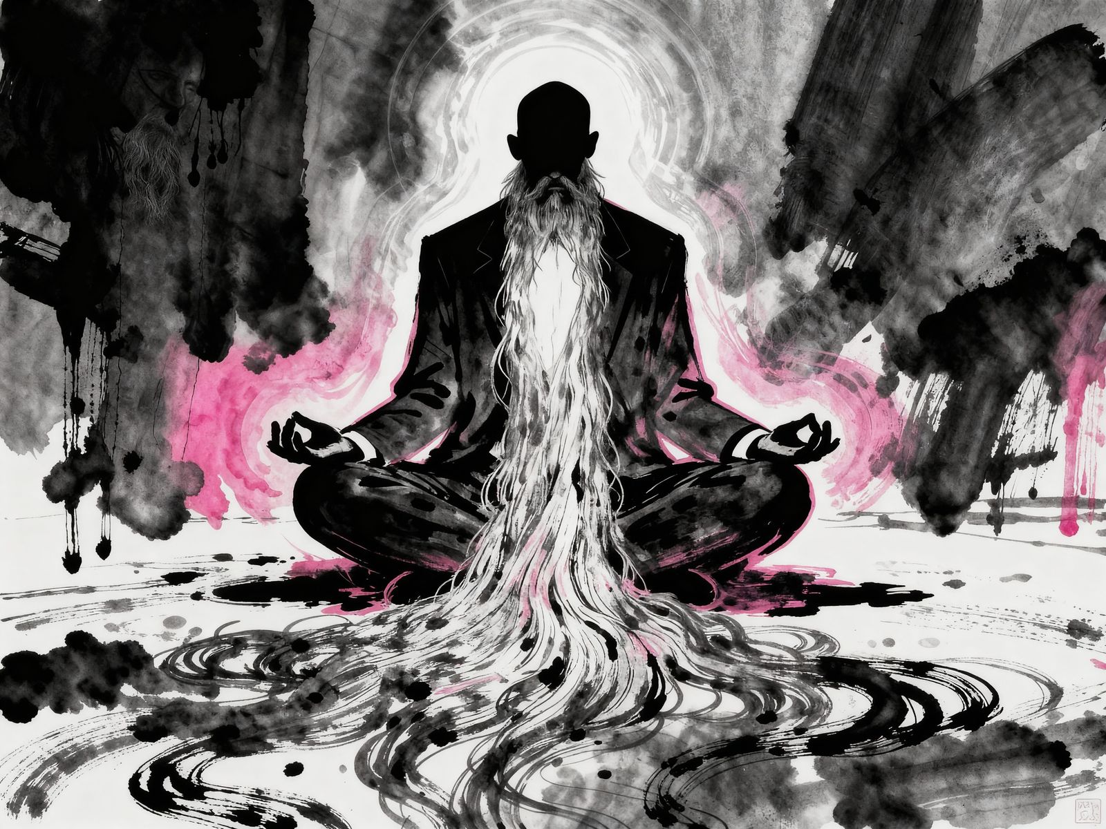 Surreal Ink Illustration of Meditating Hobo in Suit
