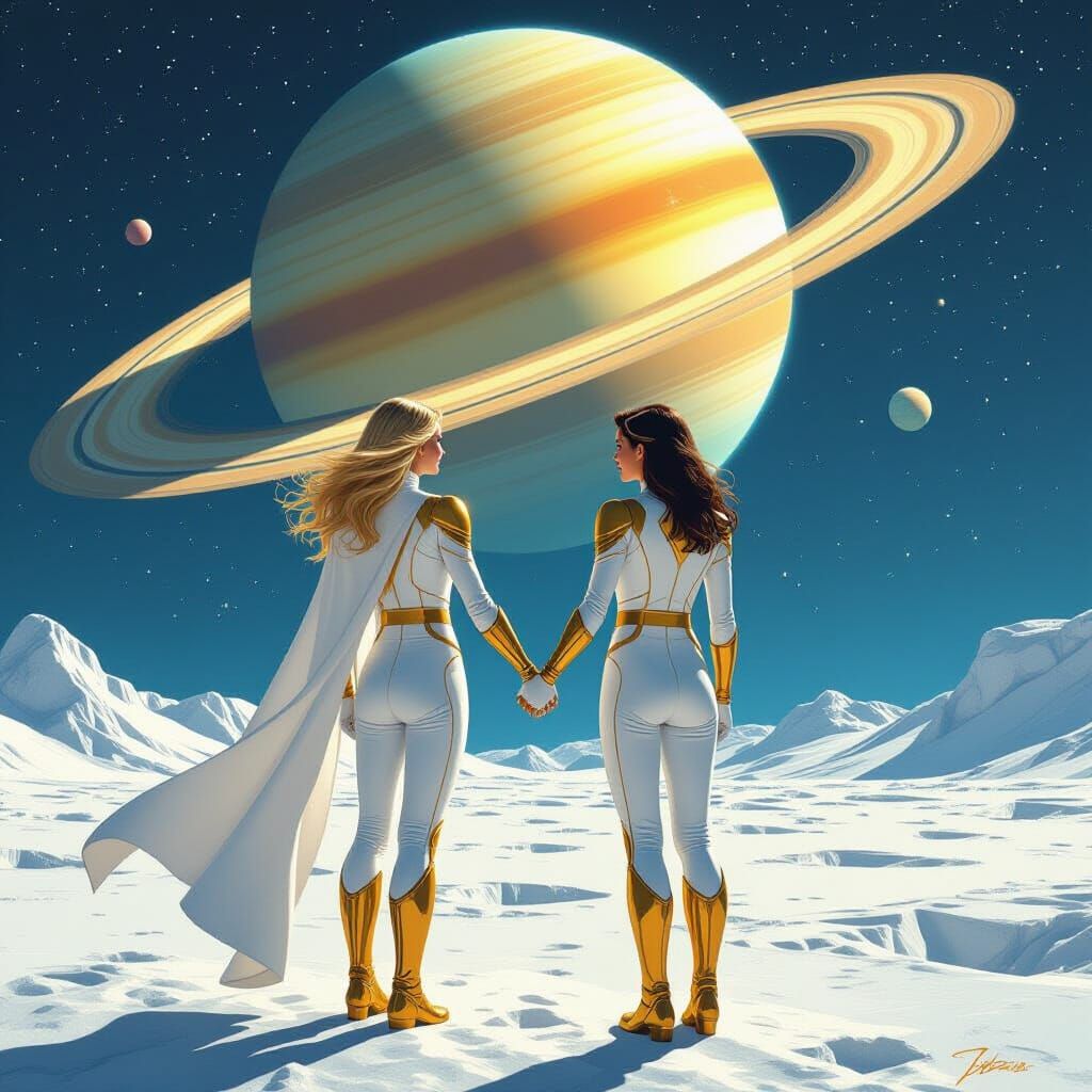 Supergirl and Lois Lane on Moon in Futuristic Style