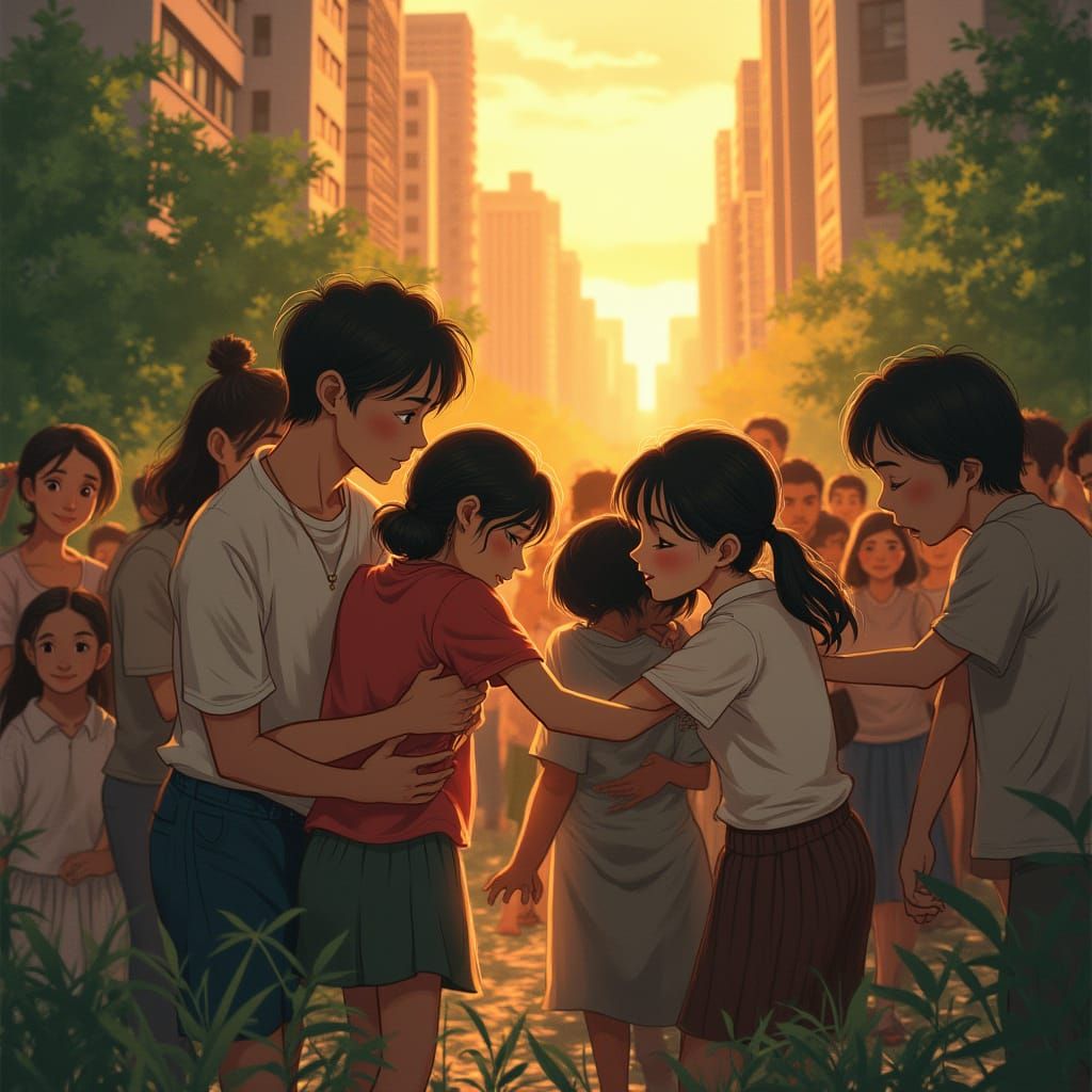 Vibrant Village Scene at Sunset: Unity and Togetherness