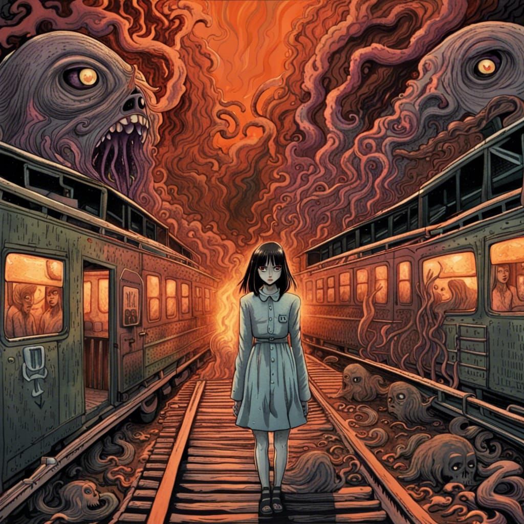 Haunted Train Yard in Junji Ito Style