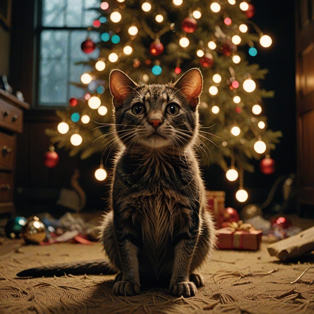 Christmas Tree with Coiled Cat, Sparkling Ornaments, and Twi...
