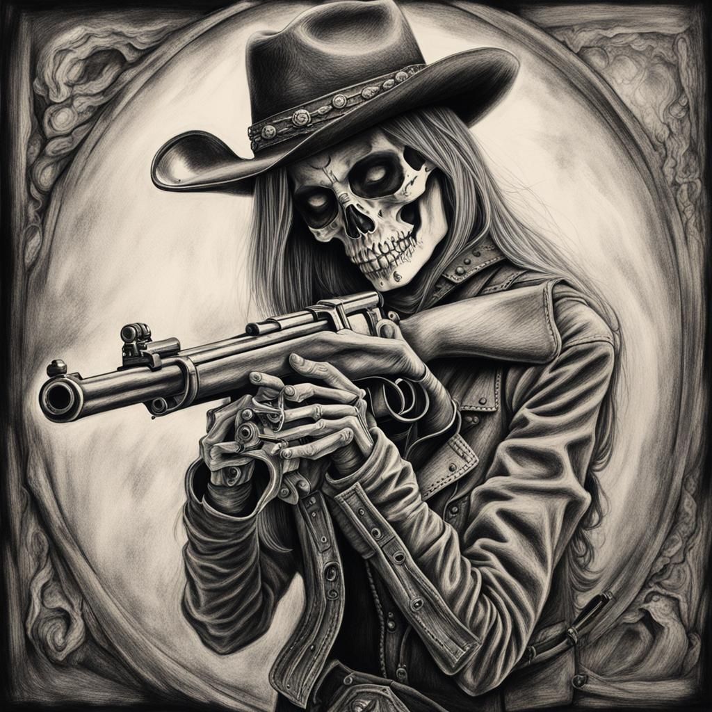 Skeleton Cowgirl: Detailed Charcoal Drawing