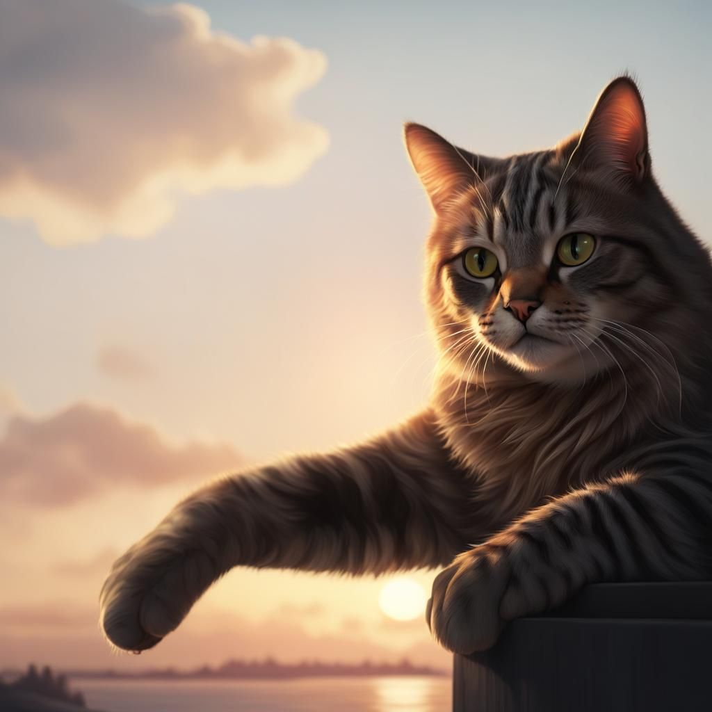 Realistic portrait of cat with Sunset background& realistic vibes& cute vibes& sunny sunshine rays 8K 3D 8k resolution B...