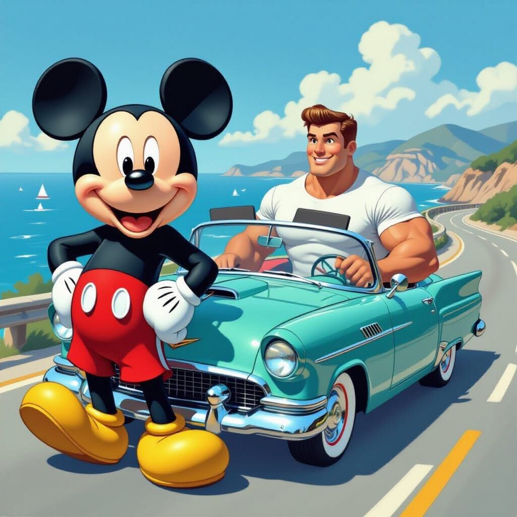 Mickey Mouse and Friend on a Sunny Coastal Drive