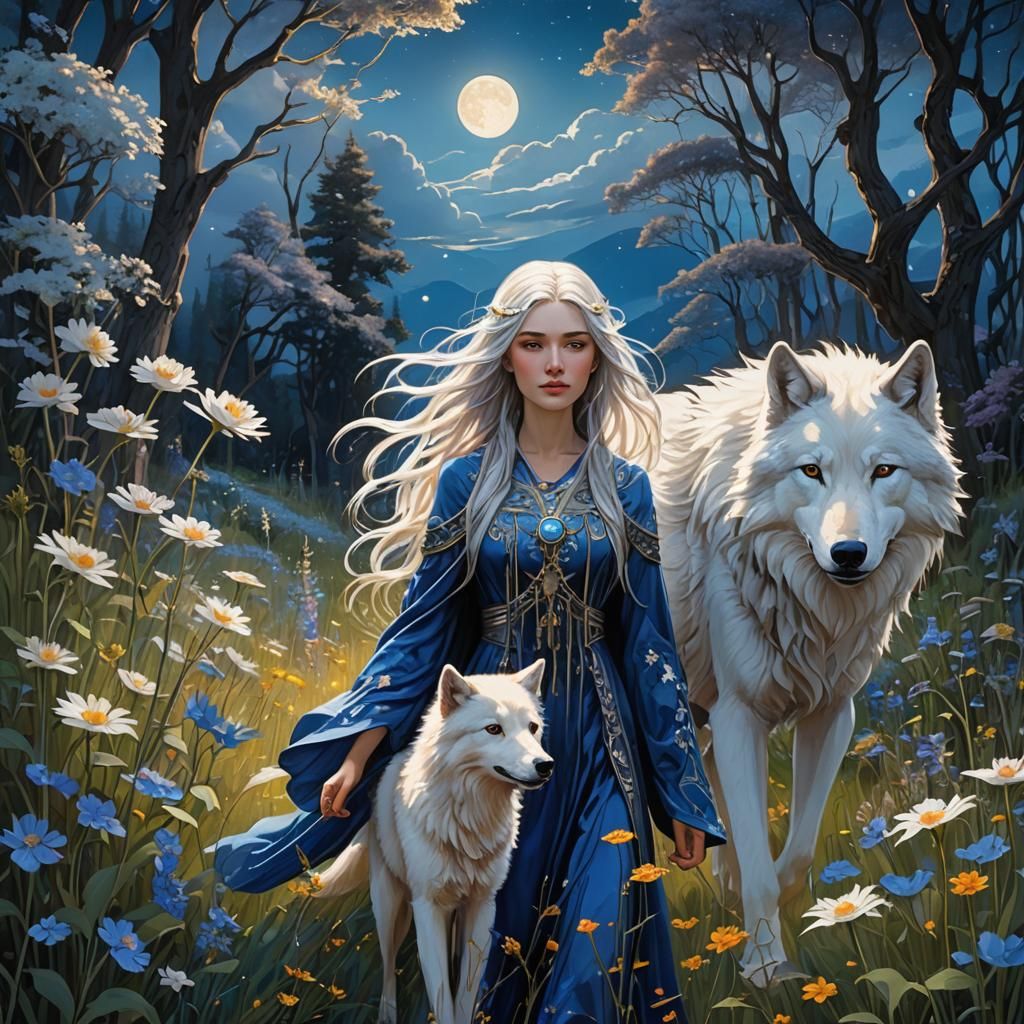 Girl and Wolf under Comet, Dreamy Art