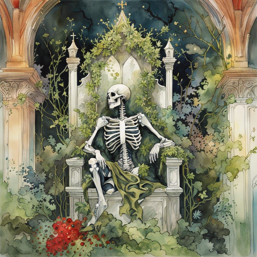 Skeleton King in Overgrown Castle, Watercolor Style