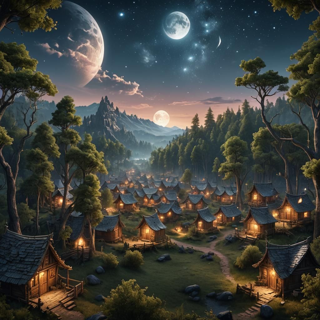 Fantasy Forest Encampment Under Full Moon