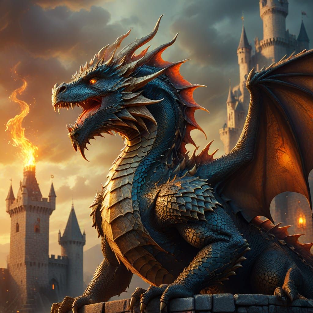 Dragon on a Castle: Vibrant Fantasy Concept Art