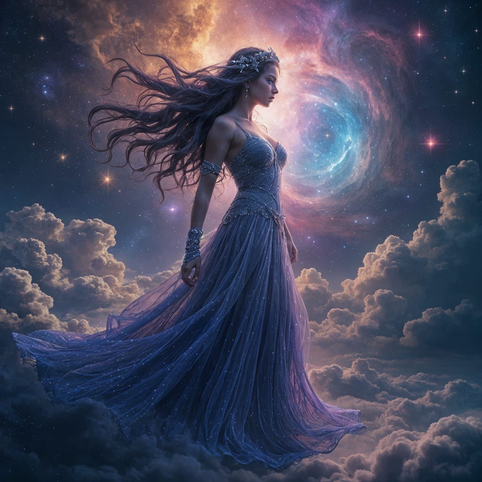 Twilight Goddess in Starry Nebula, Cosmic Surrealism