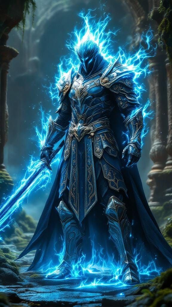 Majestic Warrior in Ruins with Glowing Aura