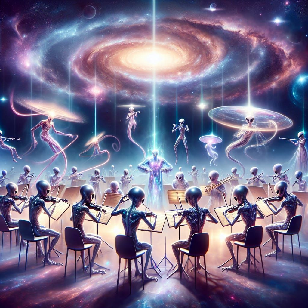 Cosmic Orchestra of Celestial Beings Performing in Space