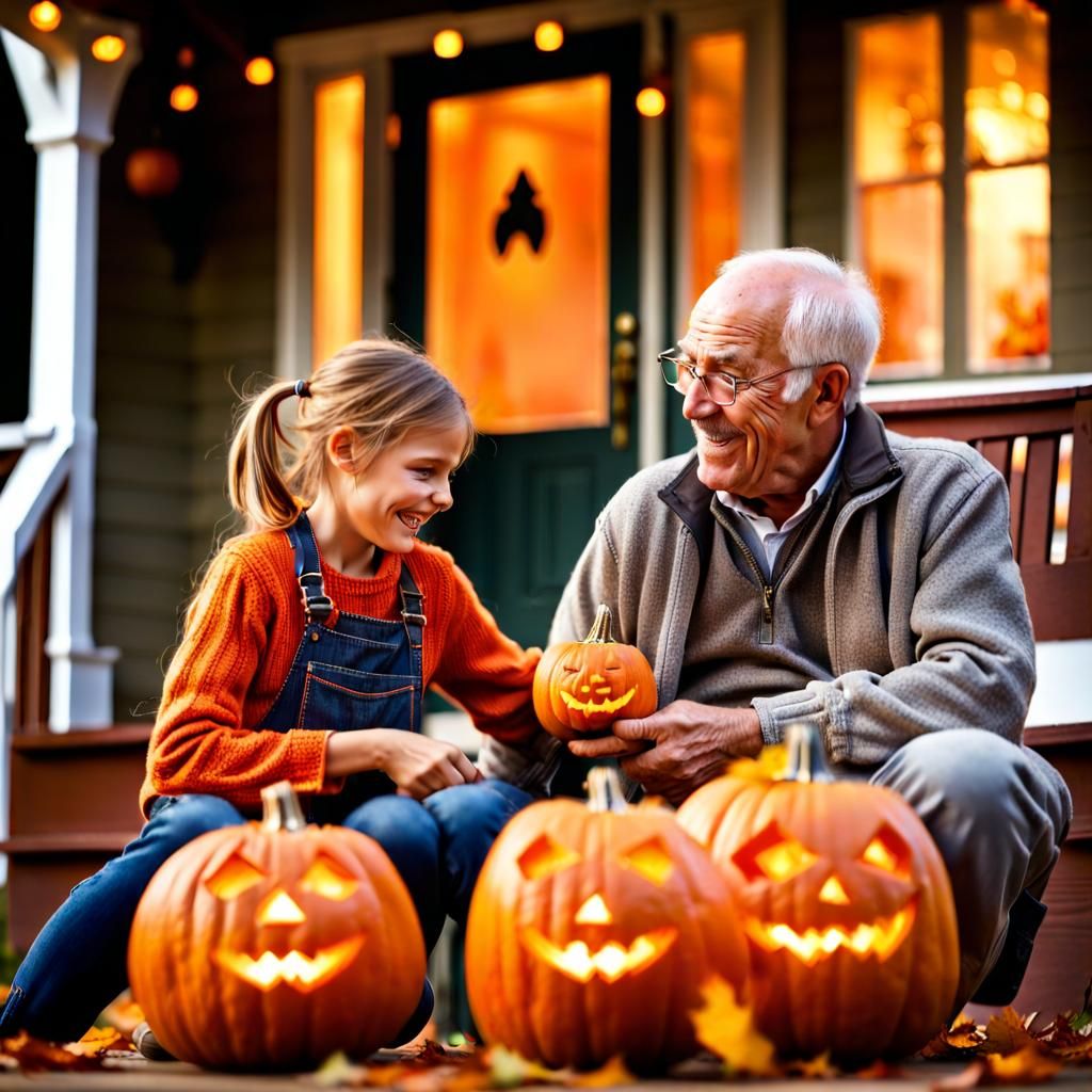 Happy Grandfather and Girl Carve Pumpkin Together