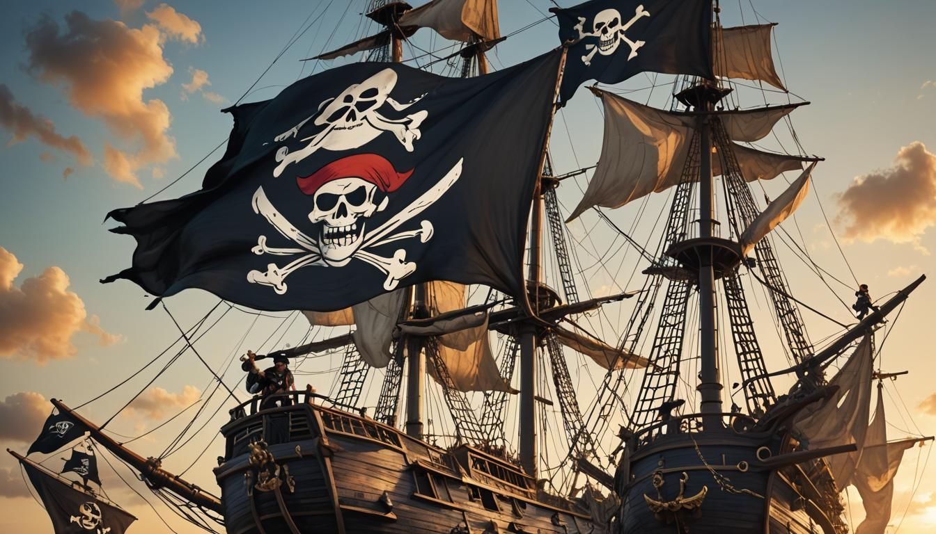 Pirate and Jolly Roger Ship on the Open Sea