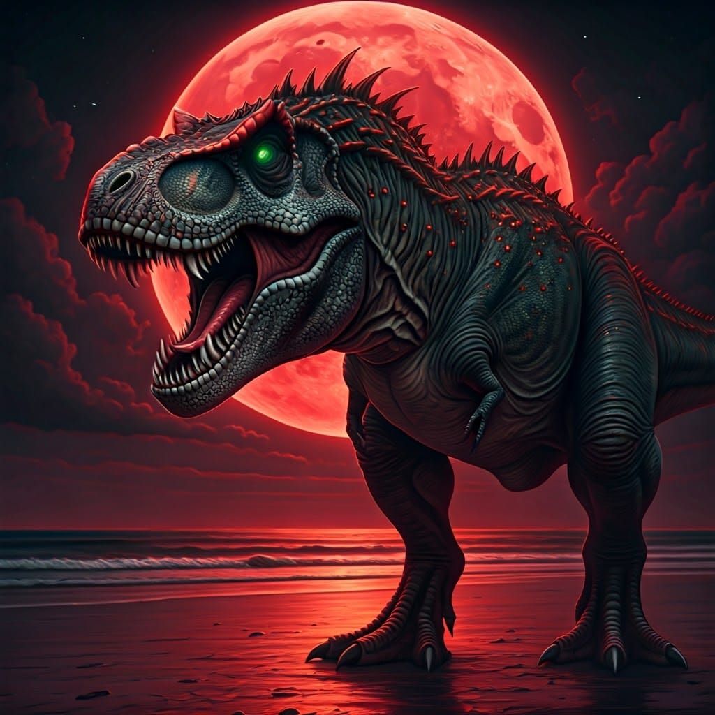 Bioluminescent Tyrannosaurus Rex on a Moonlit Beach