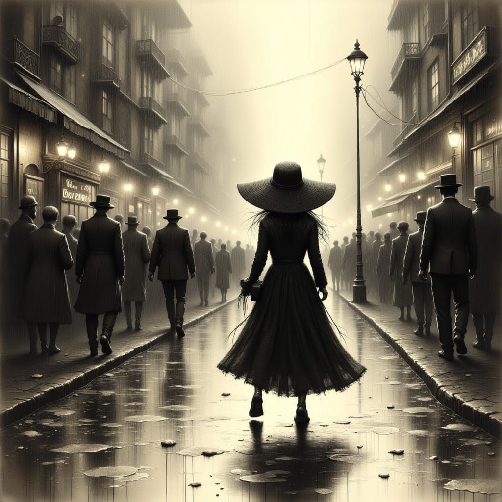 Young Woman Walking in Rain, Ink Drawing Style