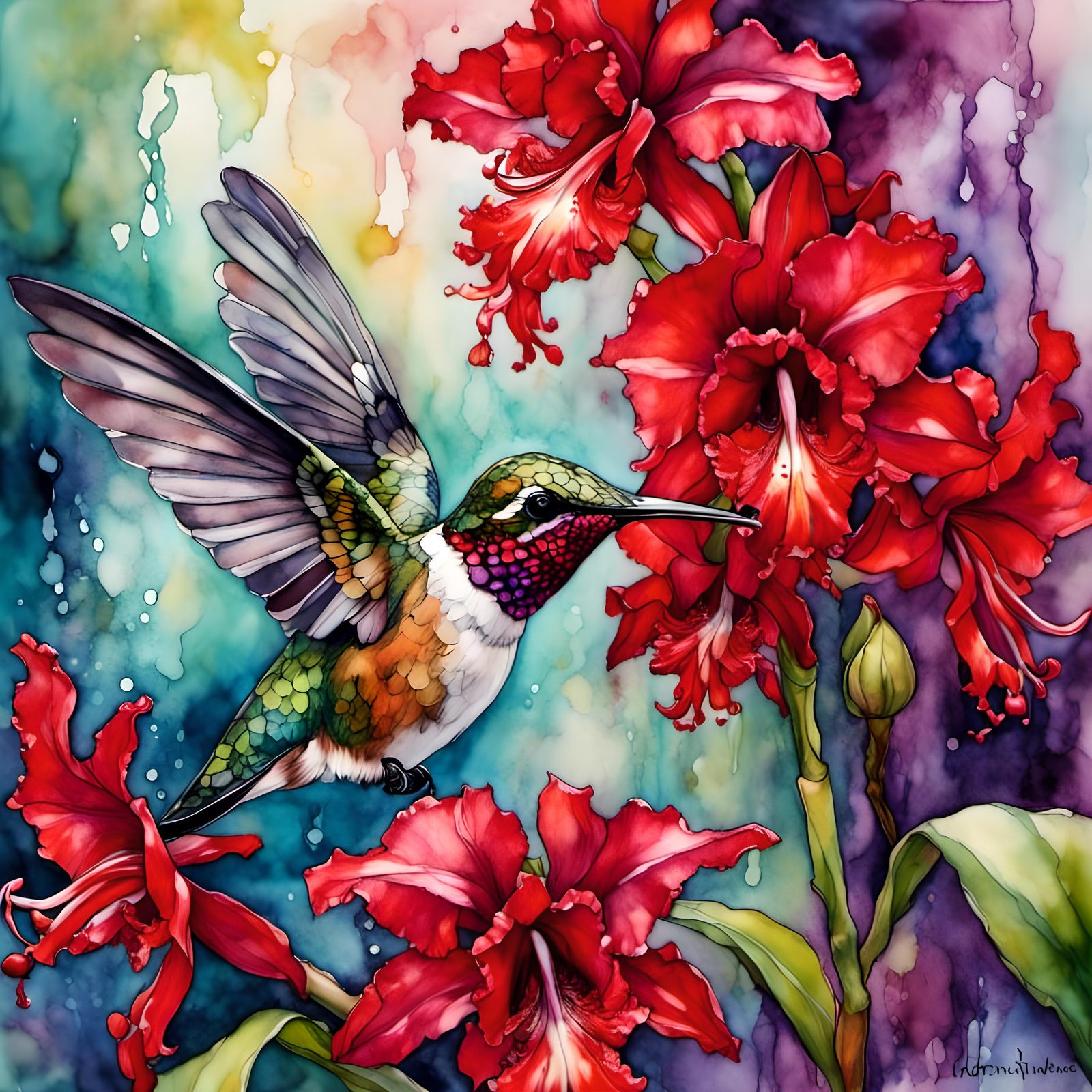 Hummingbird and Hyacinth in Ink Drawing Style