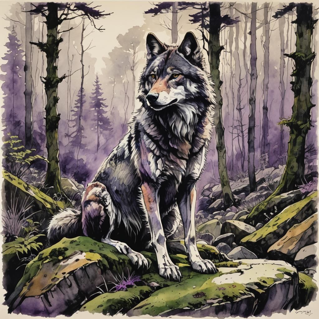 Wolf Sketch in Pen and Ink with Purple Shading