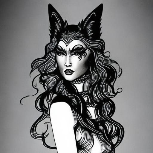 She devil wolf woman gothic art ink drawing thunderstorm