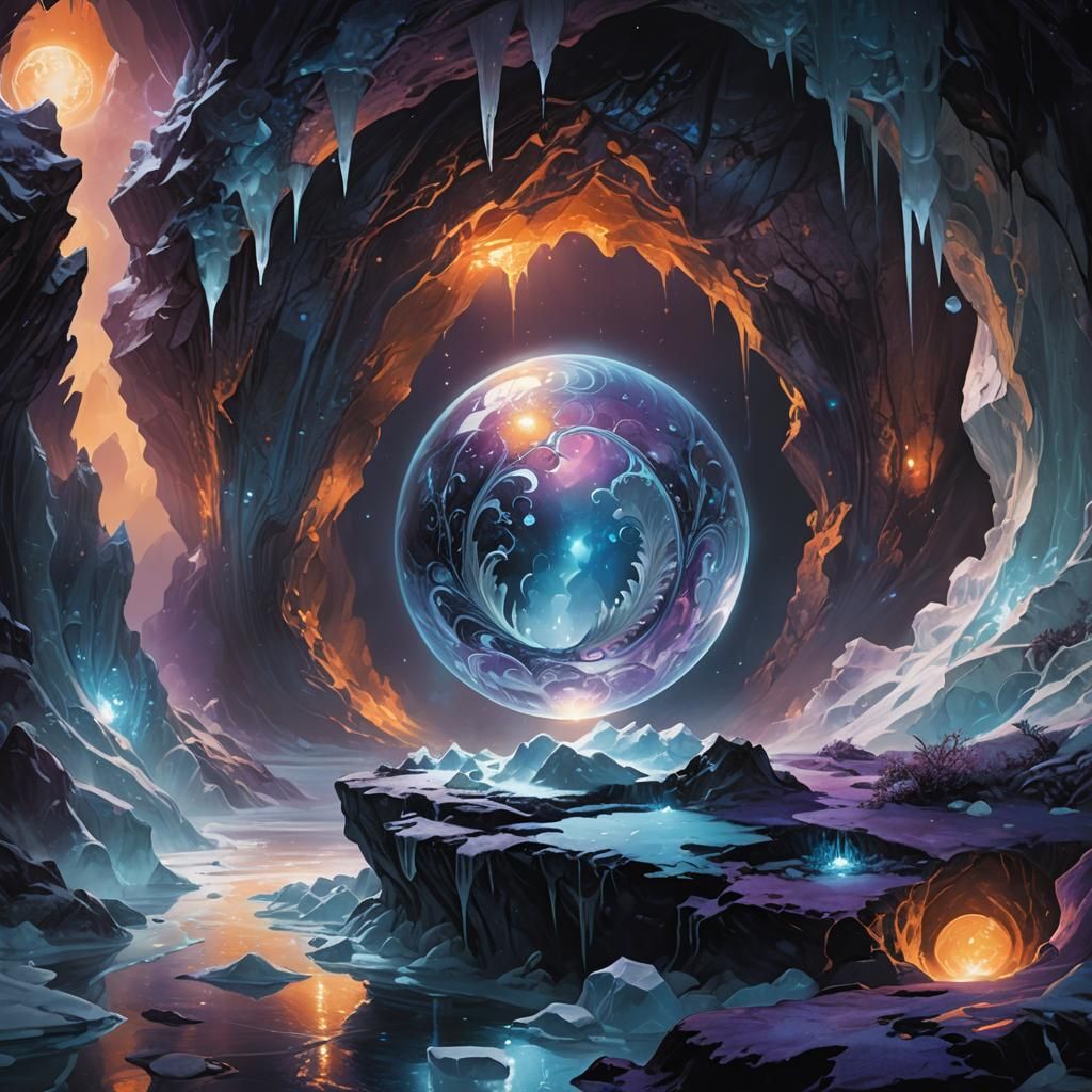 Icy Orb in Mystical Cave: Fantasy Concept Art