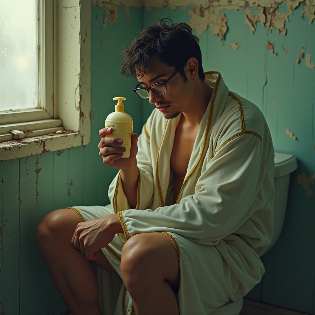 A Man Contemplates Life's Mysteries in a Forgotten Bathroom