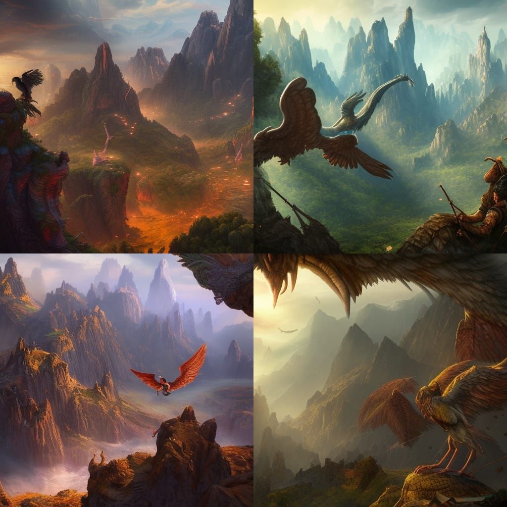 Adventurers Fight Harpies in Mountain City, Detailed Matte P...