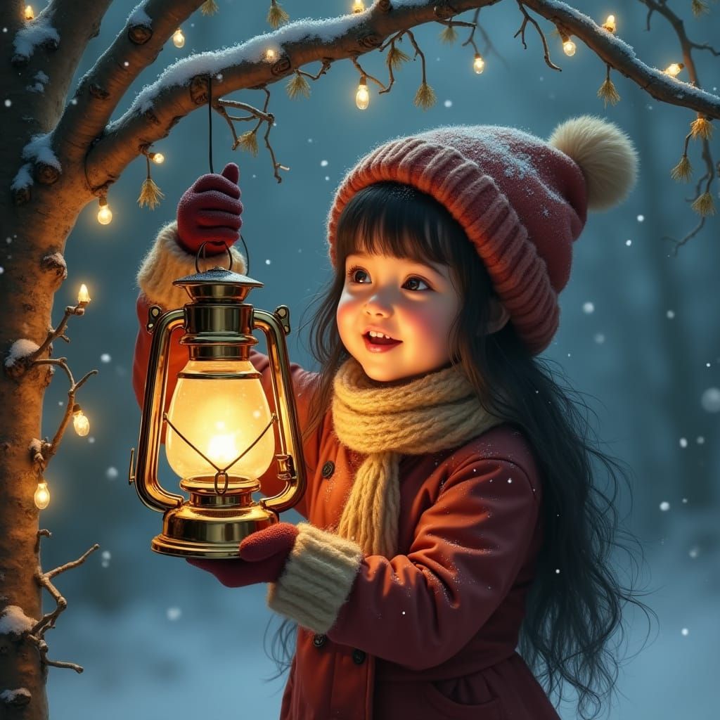 Joyful Girl Holds Oil Lamp in Snowy Winter Scene