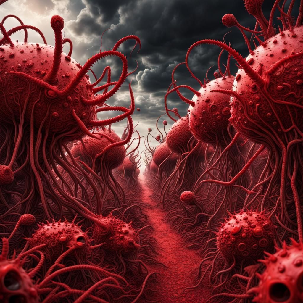Hyperrealistic Red Viral Invasion: Cosmic Fantasy