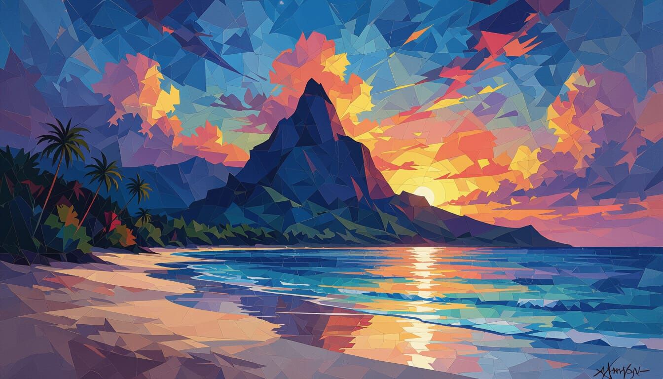 Polynesian Sunset Beach in Anime Style