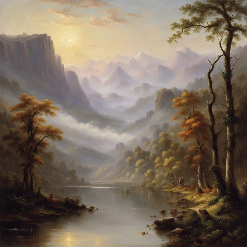 Misty Valley Landscape in Warm Golden Light