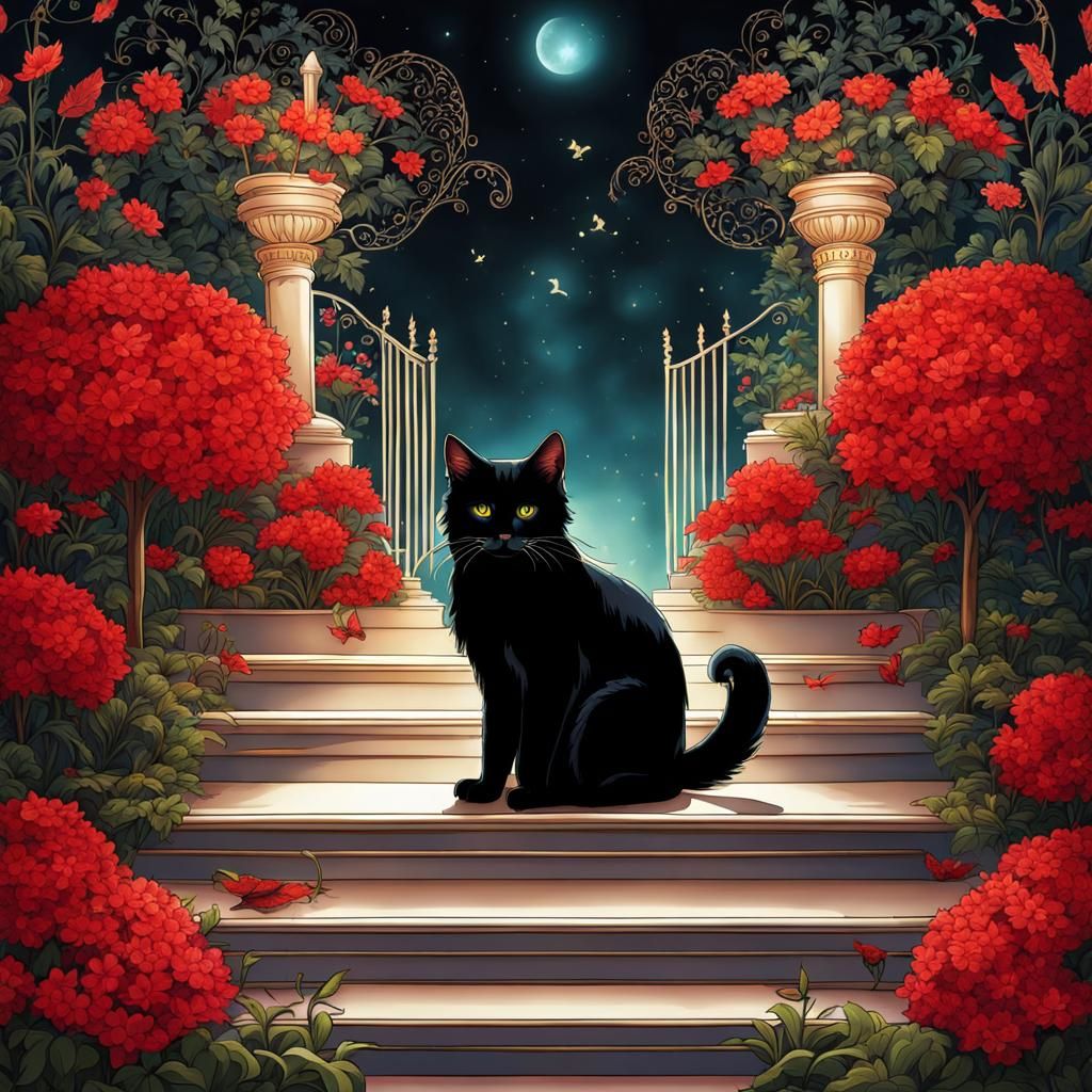 Fantasy Cat with Red Wings in Anime Garden