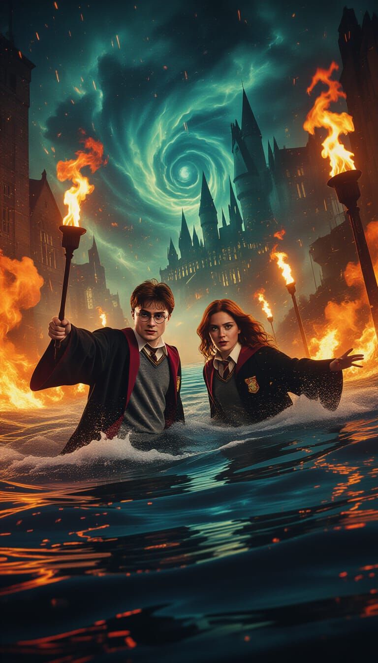 Harry Potter and Ginny in a Cyberpunk Dreamscape