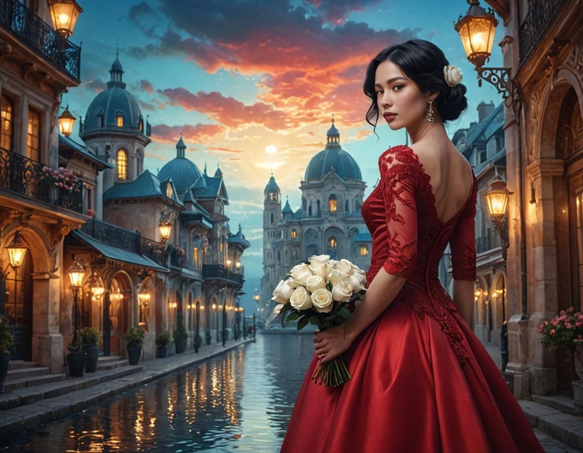 Elegant Woman with Roses in Fantasy Cityscape