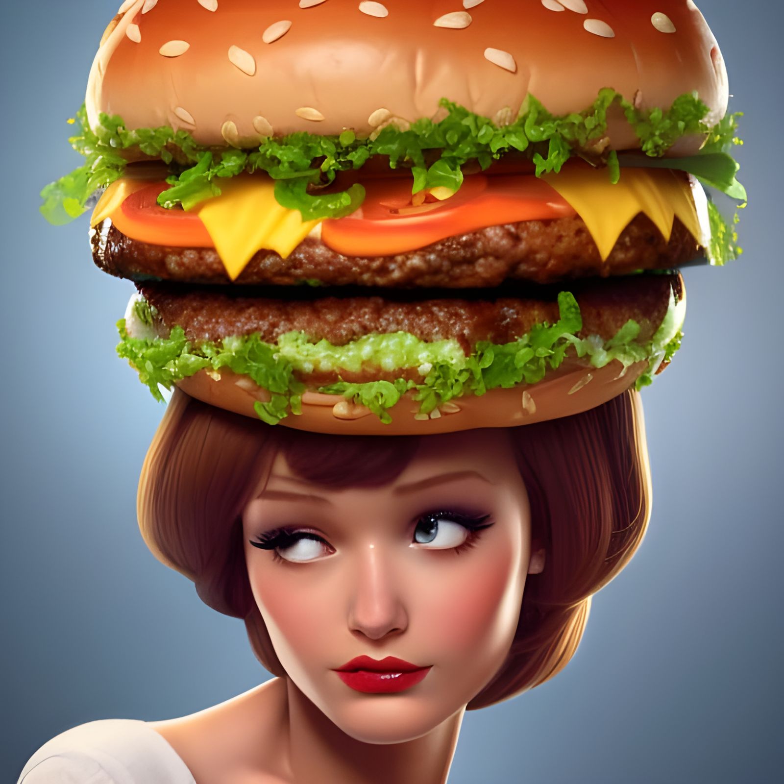 Woman with Hamburger Hat: 3D Digital Art