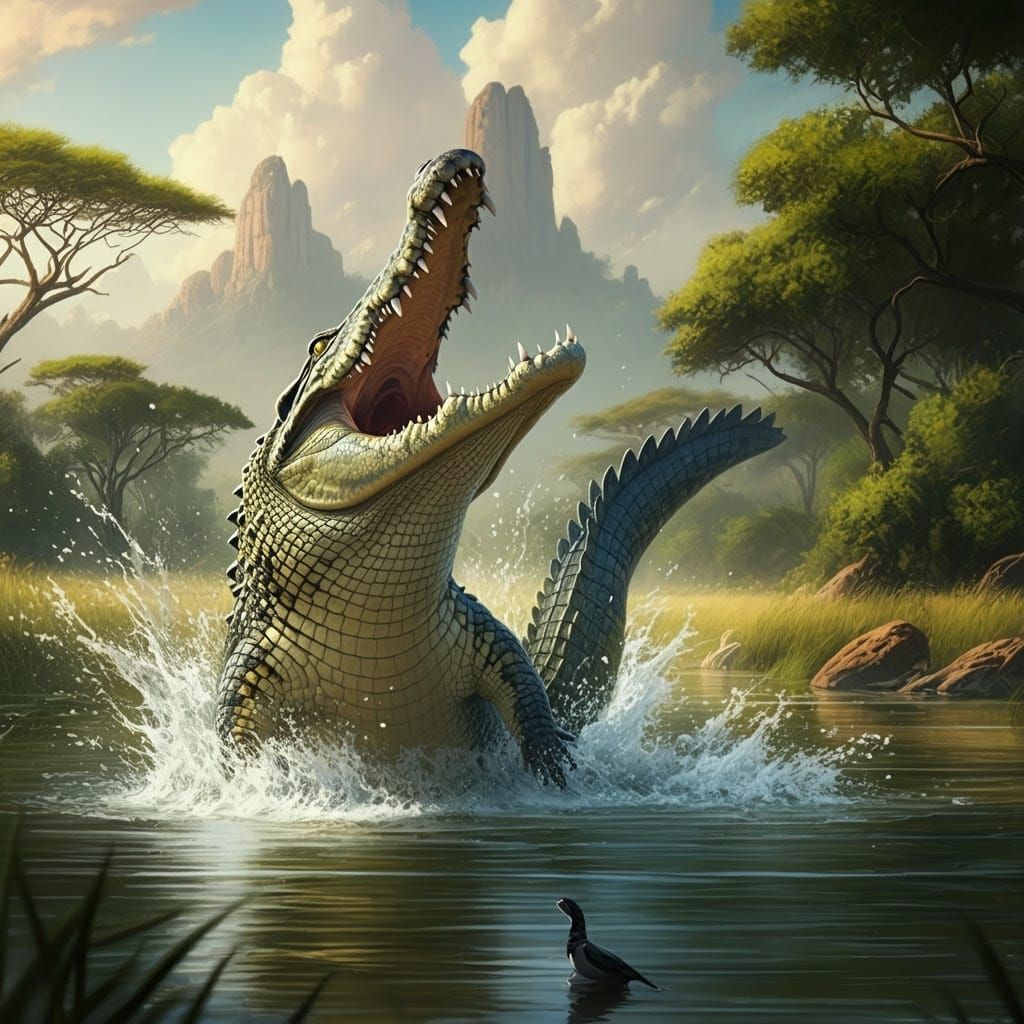 Giant Crocodile Attack in African Savannah